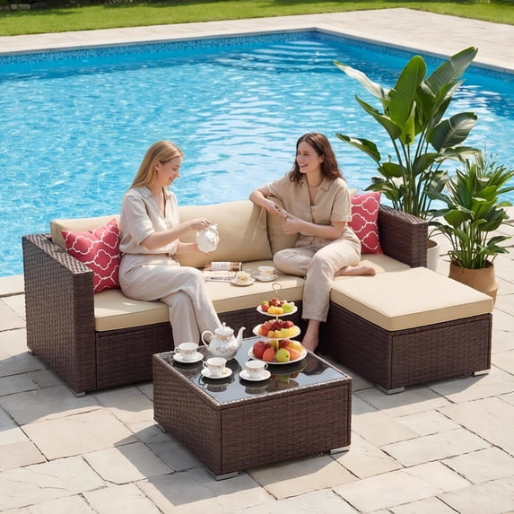 Patio Furniture Set Clearance - Lofka 5-Piece All Weather Wicker Patio Conversation Set with Removable Cushions, Tempered Glass Table, 2 Pillows, Beige