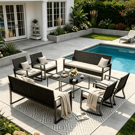Lofka 8-Piece Patio Furniture Set, All-Weather Wicker Conversation Set with 2 Loveseats, 4 Rocking Chairs, 2 Glass Coffee Tables, Outdoor Furniture for Backyard, Balcony, Deck, Porch, Gray Cushions