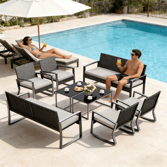Lofka 8-Piece Patio Furniture Set, All-Weather Wicker Conversation Set with 2 Loveseats, 4 Rocking Chairs, 2 Glass Coffee Tables, Outdoor Furniture for Backyard, Balcony, Deck, Porch, Gray Cushions
