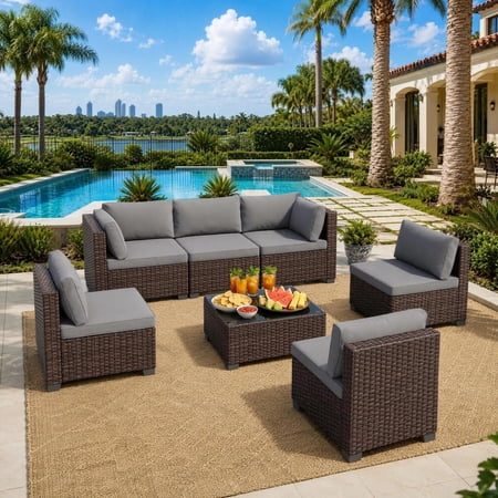 7-Piece Outdoor Patio Furniture Set, Lofka PE Wicker Rattan Sectional Sofa with Gray Cushions & Glass Table, All-Weather Backyard Deck Poolside