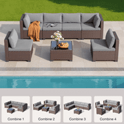 Lofka 7 Pieces Outdoor Patio Furniture Set with Wicker Sofa and Tempered Glass Table for Balcony Gray Cushion