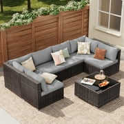 Patio Furniture Set, Lofka 7-Piece Outdoor Sectional Sofa with Tempered Glass Table for Backyard & Porch, Wicker | Metal | Gray