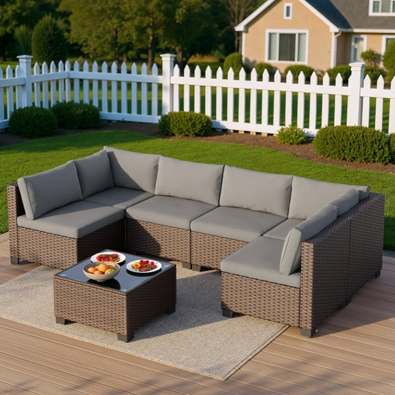 7 Piece Patio Furniture Set, Lofka Outdoor Modular Sectional PE Rattan Patio Sofa Set for Balcony, Porch, Backyard, Gray