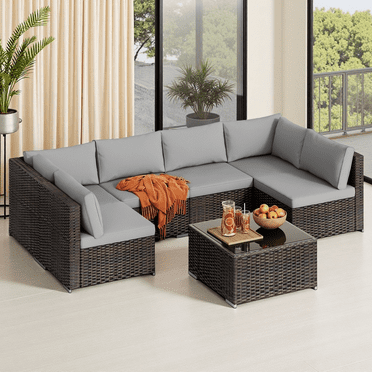 Lofka 7 Pieces Outdoor Conversation Sectionals, Patio Furniture Set with Pillows and Glass Coffee Table for Porch, Poolside,Grey
