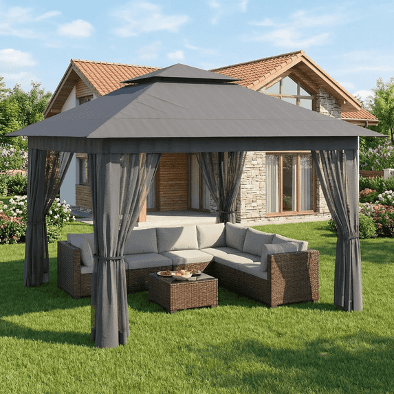 Patio Furniture Set - Includes 7 PCS Wicker Sectional sofa & 11x11 Pop Up Gazebo, 121 Square feet of Shade for Poolside, Garden, Party, Gray