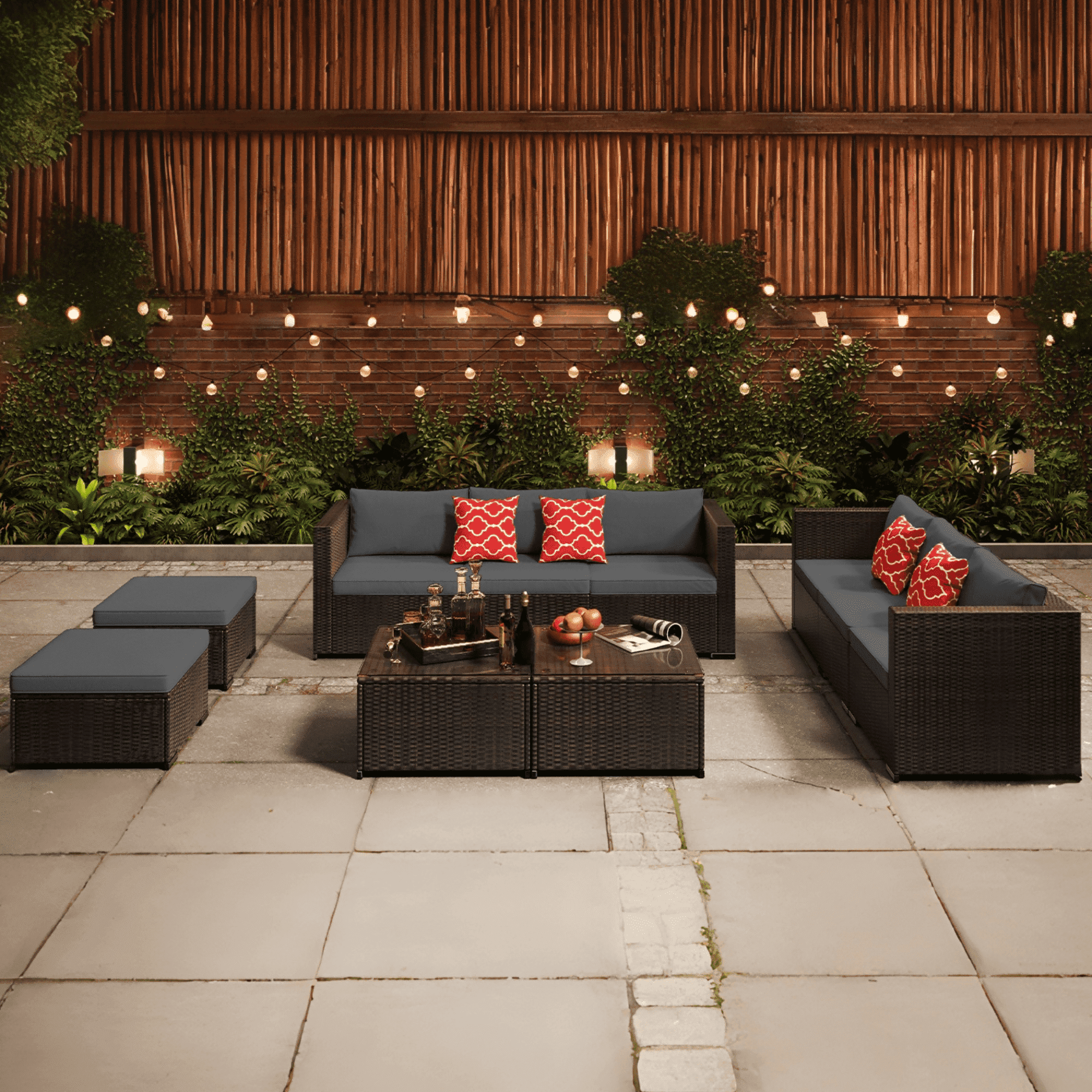 Patio Furniture Set, Lofka 10 Pieces Outdoor Sectional Sofa Set with Rattan Sofa and Tempered Glass Table, All-Weather Resistant for Backyard & Garden, Gray