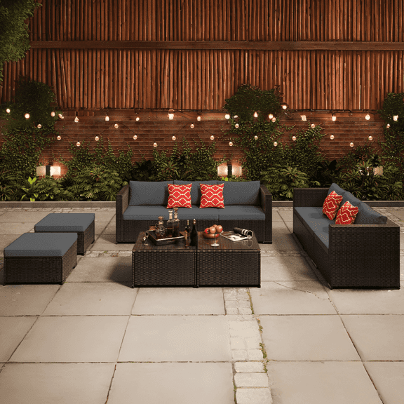 Patio Furniture Set, Lofka 10 Pieces Outdoor Sectional Sofa Set with Rattan Sofa and Tempered Glass Table, All-Weather Resistant for Backyard & Garden, Gray