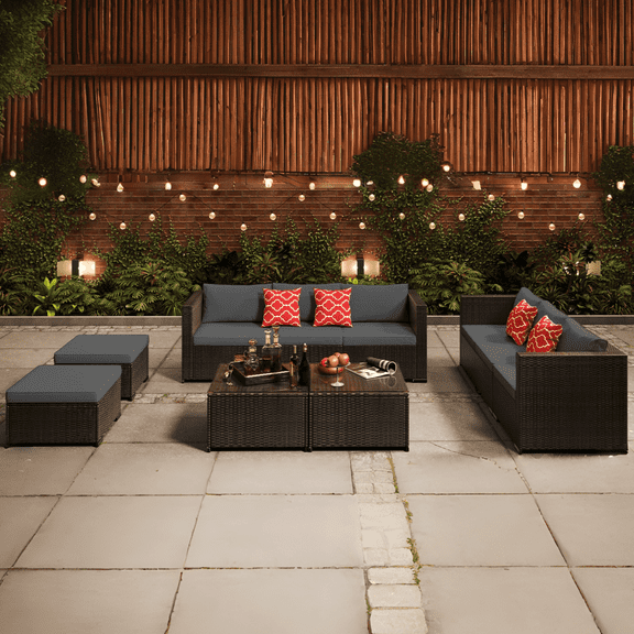 Patio Furniture Set, Lofka 10 Pieces Outdoor Sectional Sofa Set with Rattan Sofa and Tempered Glass Table, All-Weather Resistant for Backyard & Garden, Gray