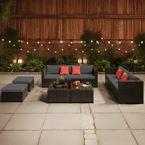 Patio Furniture Set, Lofka 10 Pieces Outdoor Sectional Sofa Set with Rattan Sofa and Tempered Glass Table, All-Weather Resistant for Backyard & Garden, Gray