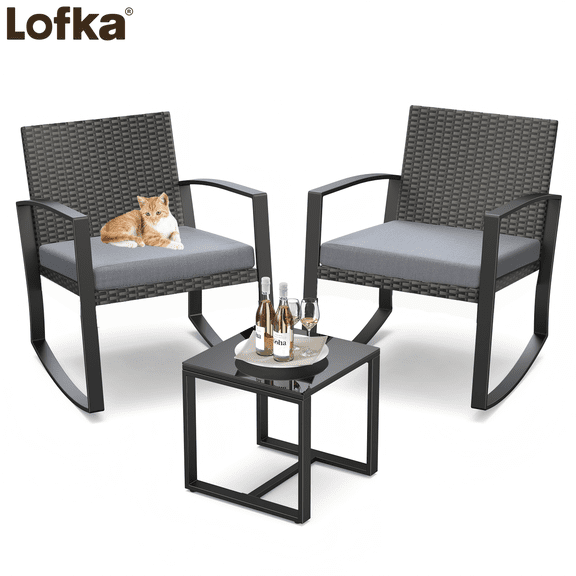 Patio Furniture Set Lofka 3 Pieces Outdoor Rocking Chairs Set with Glass Coffee Table for Garden, Bistro, Porch, Balcony, Backyard, Gray Cushion