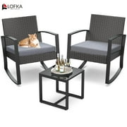 Patio Furniture Set Lofka 3 Pieces Outdoor Rocking Chairs Set with Glass Coffee Table for Garden, Bistro, Porch, Balcony, Backyard, Gray Cushion