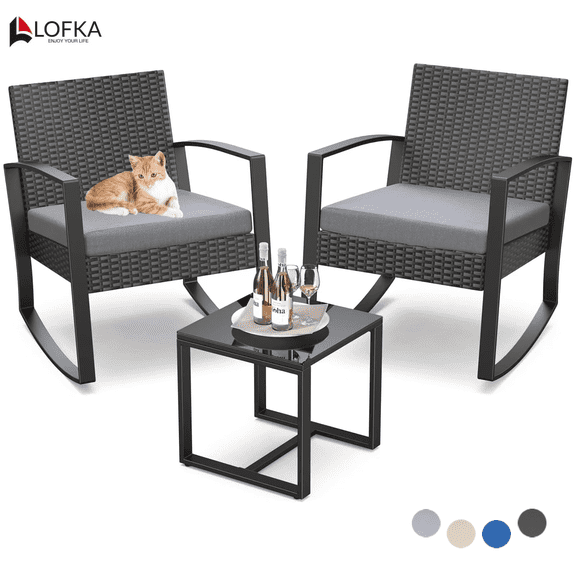 Patio Furniture Set Lofka 3 Pieces Outdoor Rocking Chairs Set with Glass Coffee Table for Garden, Bistro, Porch, Balcony, Backyard, Gray Cushion