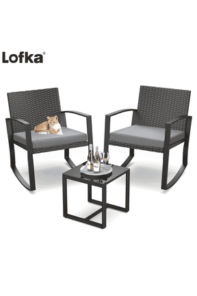 Patio Furniture Set Lofka 3 Pieces Outdoor Rocking Chairs Set with Glass Coffee Table for Garden, Bistro, Porch, Balcony, Backyard, Gray Cushion