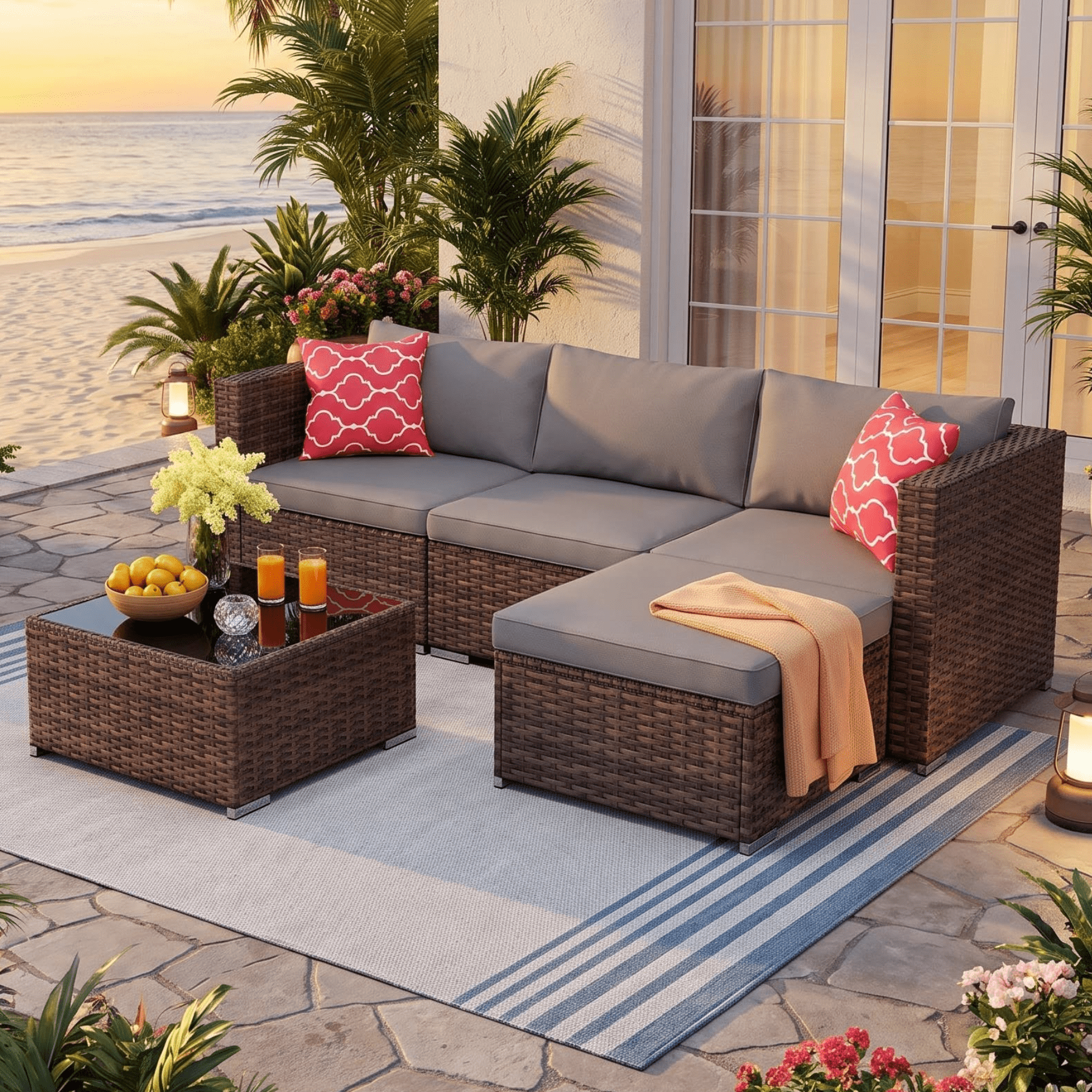 Patio Furniture Set, Lofka 5 Pieces Outdoor Sectional Wicker Sofa Set with Glass Table for Backyard, Poolside, Gray