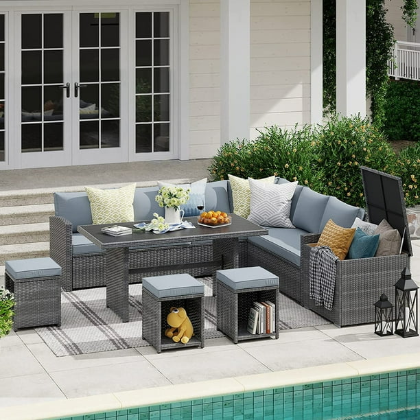 Matara rattan corner dining sofa set with armchairs in grey new arrivals