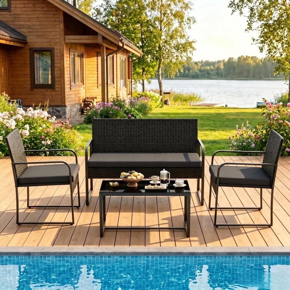 Patio Furniture Set, Outdoor All-Weather Conversation Set for 4 with Wicker Chairs & Loveseat with Cushions, Coffee Table, Black
