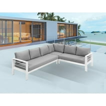 Patio Furniture Set, Outdoor Aluminum Sectional Sofa Couch - 3 Pieces All-Weather Metal Conversation Set Corner Sofas,White