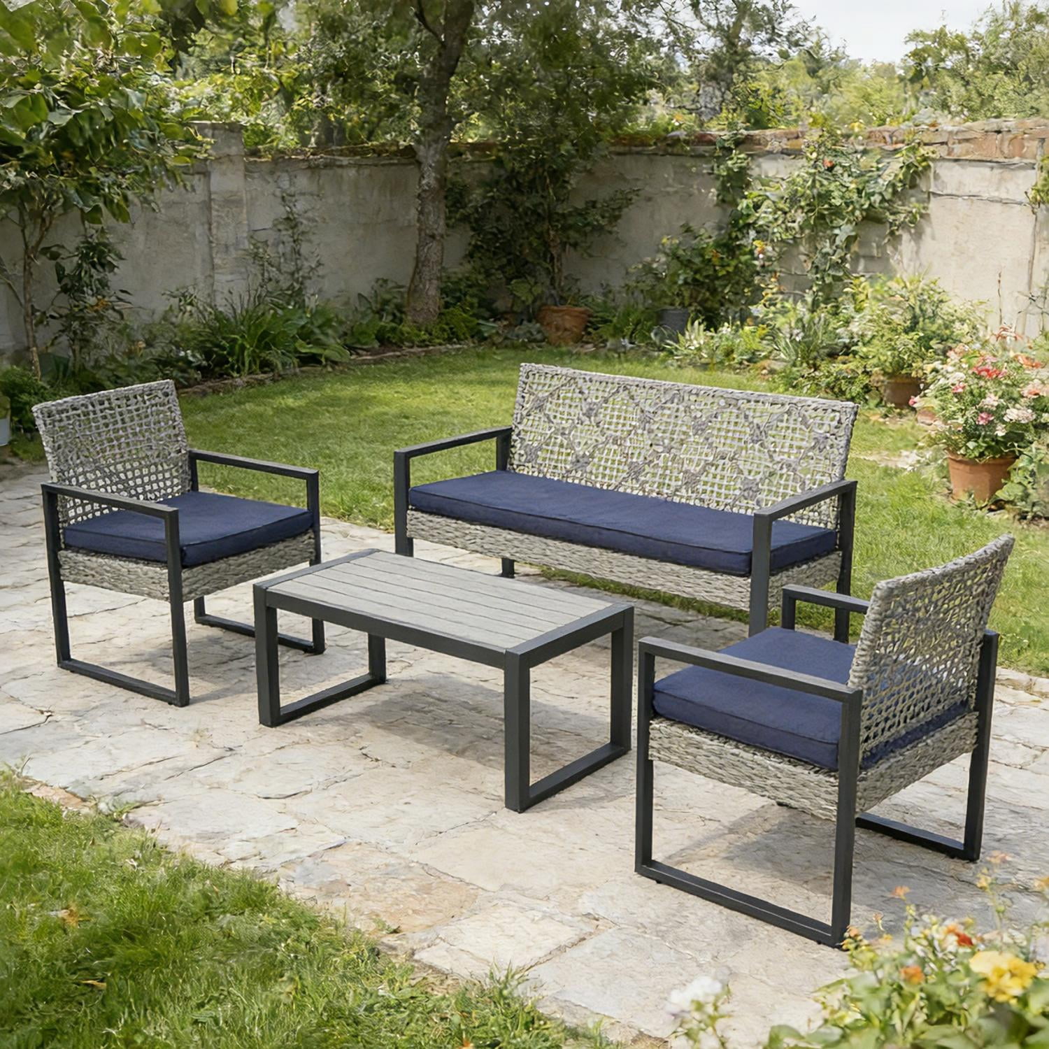 Patio Furniture Set, Outdoor Furniture, 4-Piece Conversation Set with Acacia Wood Table, PE Rattan Wicker Chairs and Waterproof Cushions, Light Gray with Blue Cushions
