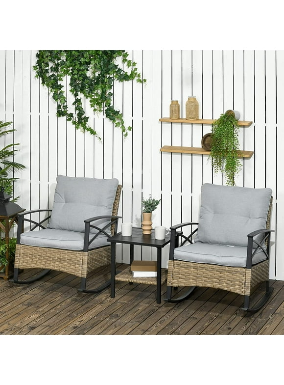 Patio Furniture Set, Patio Outdoor Rocking Chairs Set, Wicker Patio Conversation Chairs and Coffe Table with 4 Cushions for Porch, Yard, Lawn, Poolside, Balcony, 3Pcs, Gray