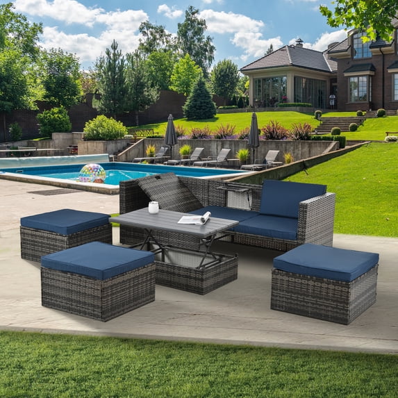 Patio Furniture Set, Outdoor Seasonal PE Wicker Furniture Set, 5 Pieces Patio conversation Set With Plywood & Adjustable Coffee Table