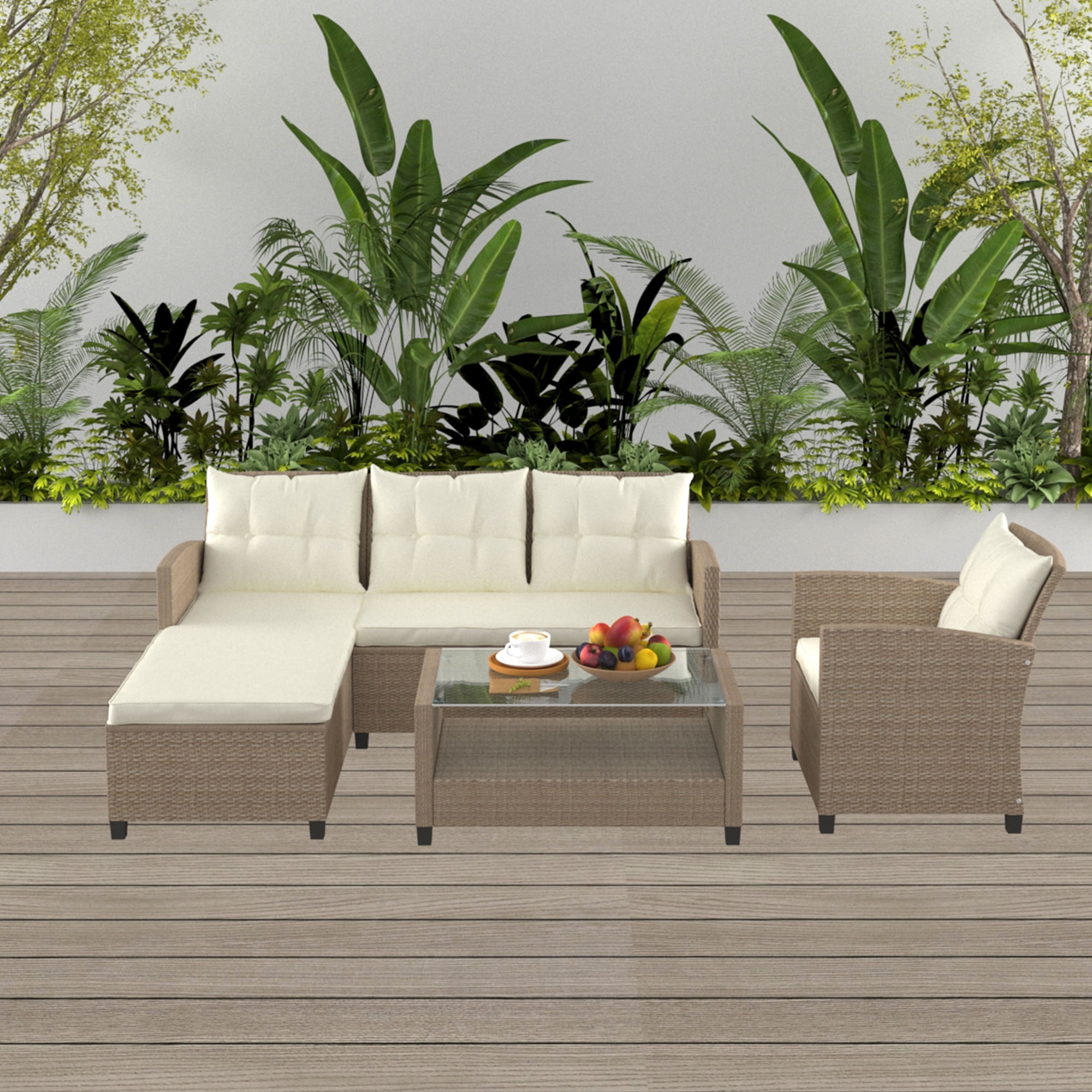 Patio Furniture Set Outdoor Wicker Sofa with Chaise Lounge Glass ...