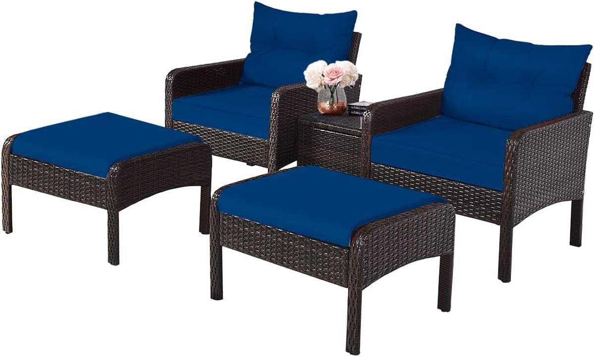 Patio Furniture Set PE Rattan Conversation Set W/Tempered Glass Table