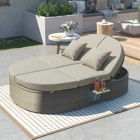 Patio Furniture Set, Rattan Patio Daybed Outdoor Sectional Sofa Set with Adjustable Backrest and Foldable Cup Tray, Chaise Chair Sunbed for Garden Poolside Backyard, Grey