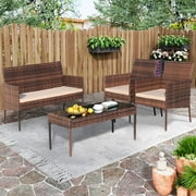 Patio Furniture Set on Sale, 4 Pieces Outdoor Rattan Conversation Sofa Set, All-Weather Wicker Patio Sets, Cushioned Sofa and Coffee Table for Garden Deck Courtyard, Brown
