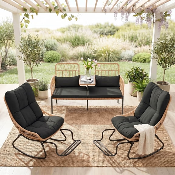 Patio Furniture Set Tappio 4 Pieces Outdoor Conversation Set with Adjustable Footrest Rattan Rocking Chairs & Loveseat, Removable Cushions for Garden Backyard, Balck