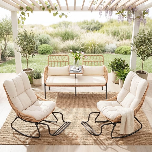 Patio Furniture Set Tappio 4 Pieces Outdoor Conversation Set with Adjustable Footrest Rattan Rocking Chairs & Loveseat, Removable Cushions for Garden Backyard, Beige