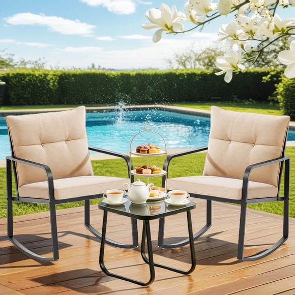 Patio Furniture Set for 2, Lofka Rocking Outdoor Bistro Set with 2 Sponge Rocking Chairs and Coffee Table for Garden, Lawn, Corridor, Beige