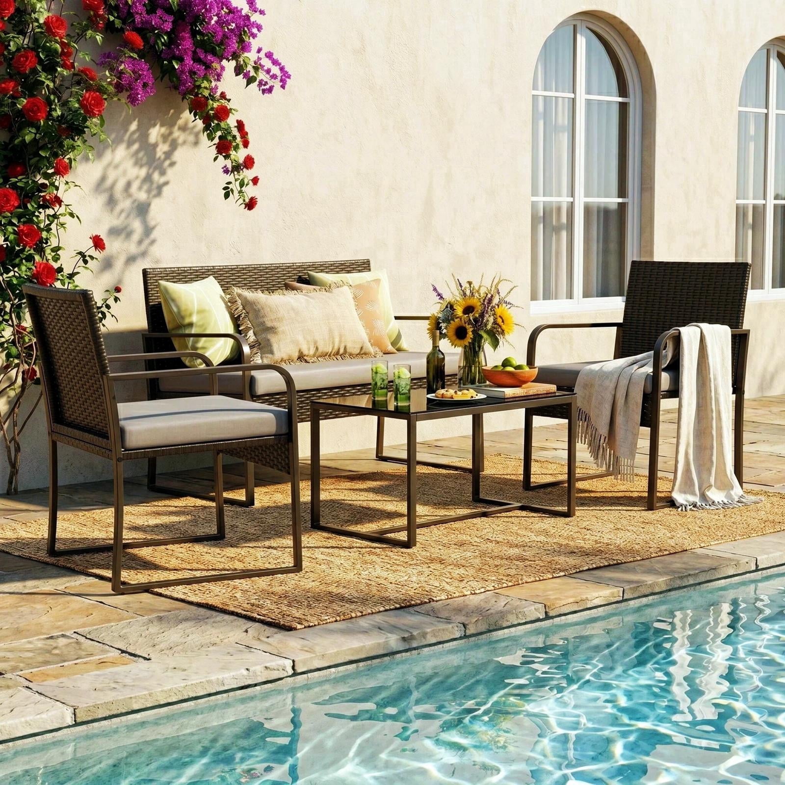 Patio Furniture Set for 4, Outdoor Bistro Set with Textilene Rocking Chairs, Loveseat and Glass Table for Backyard Porch, White