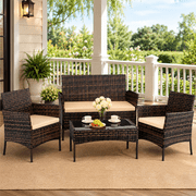 Outdoo Furniture Set, 4 Pieces Wicker Porch Conversation Set w/Cushions, All-weather Hollow Rattan Patio Sectional Sofa Set with Table