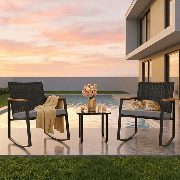 Asofer 3 Pieces Patio Bistro Wicker Chairs , All-Weather Outdoor Rattan Conversation Set with Glass Table for Lawn, Poolside, Porch