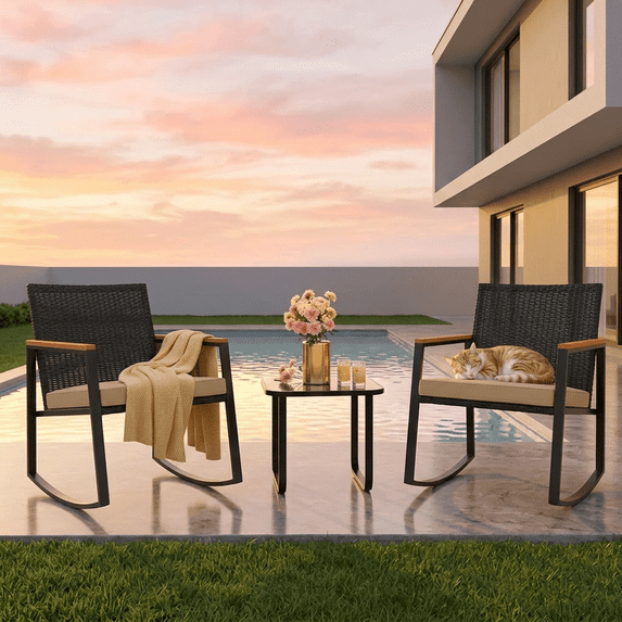 Asofer 3 Pieces Patio Bistro Wicker Chairs , All-Weather Outdoor Rattan Conversation Set with Glass Table for Lawn, Poolside, Porch,Beige