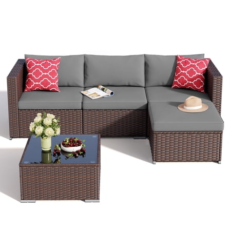 Patio Furniture Set on Sale, Asofer 5 PCS Outdoor Sectional Furniture Sofa Set with Cushion & Glass Table, Gray