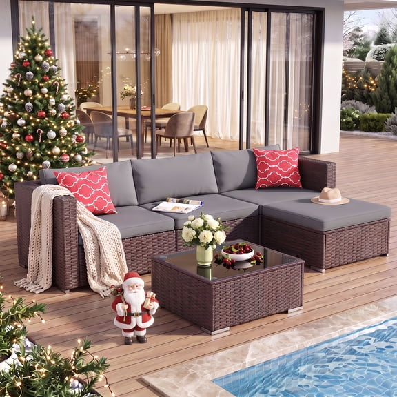 Asofer 5-Piece Patio Furniture Set, Outdoor Conversation Sectional PE Rattan Wicker Furniture Sofa with Coffee Tea, Grey