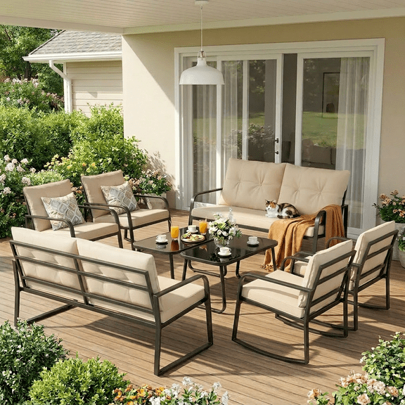 Patio Furniture Set on Sale, Outdoor Rocking Chair Set with Soft Cushion & Coffee Table for Backyard, Poolside Porch, Beige