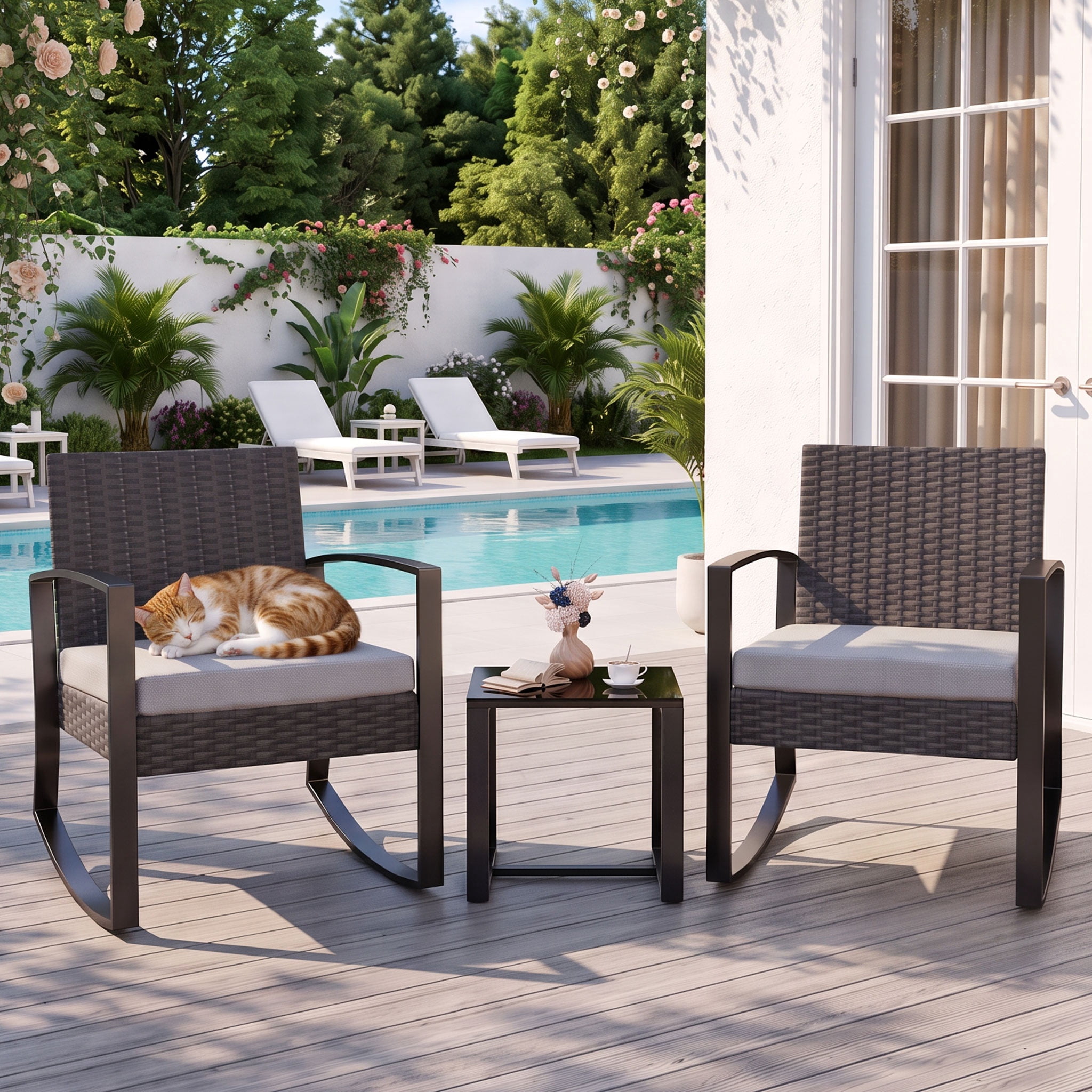 Patio Furniture Set on Sale, Rocking Bistro Set Chair with Coffee Table for Balcony, Backyard, Gray