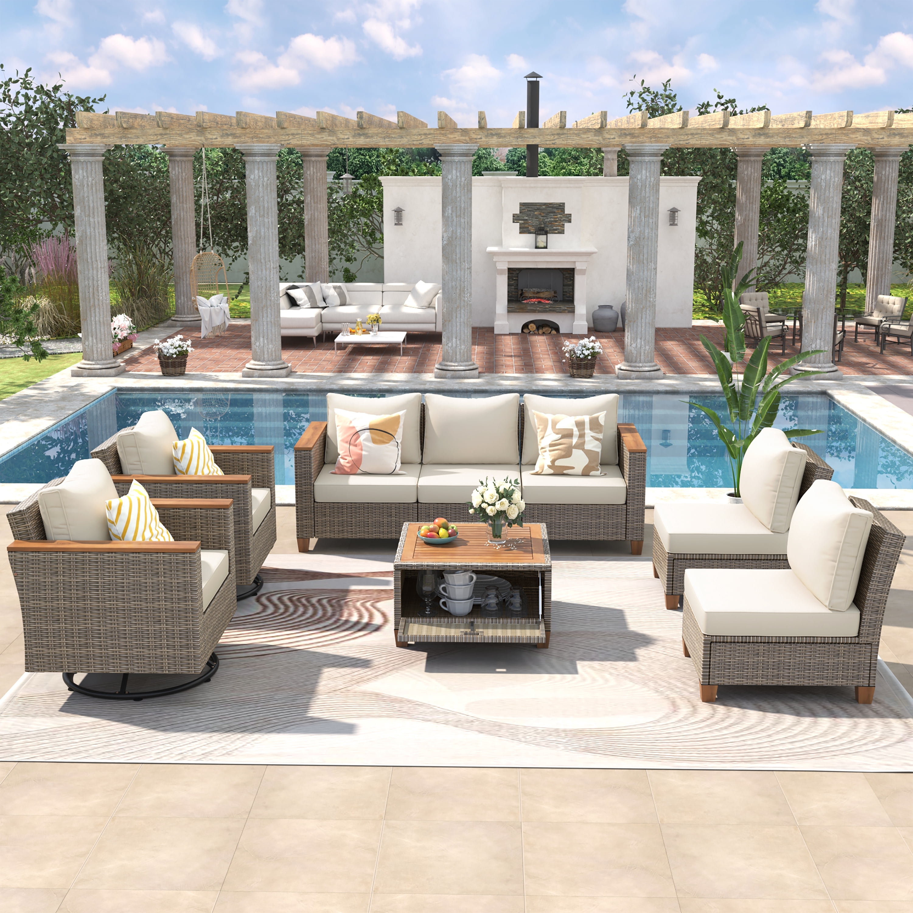Outdoor Patio Furniture Set, Wicker Sectional Sofa Set with Swivel Rocking Chairs, All Weather Rattan Conversation Set with 4 Inch Thick Cushions & Acacia Storage Table for Backyard Porch Deck, Beige