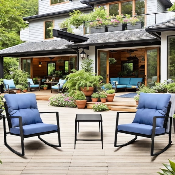 Patio Furniture Set with Blue Seating, Weather-Resistant Frame and Cushions / Comfortable Outdoor Seating for All-Weather