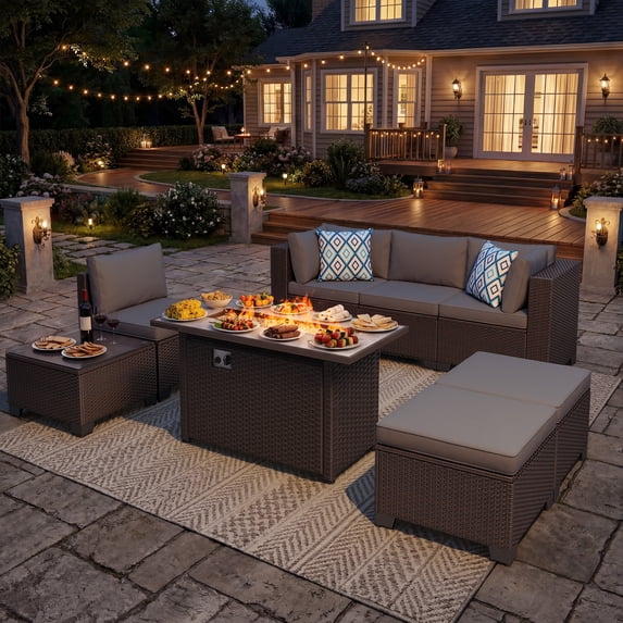 Patio Furniture Set with Fire Pit Table, Modern Patio Rattan ...