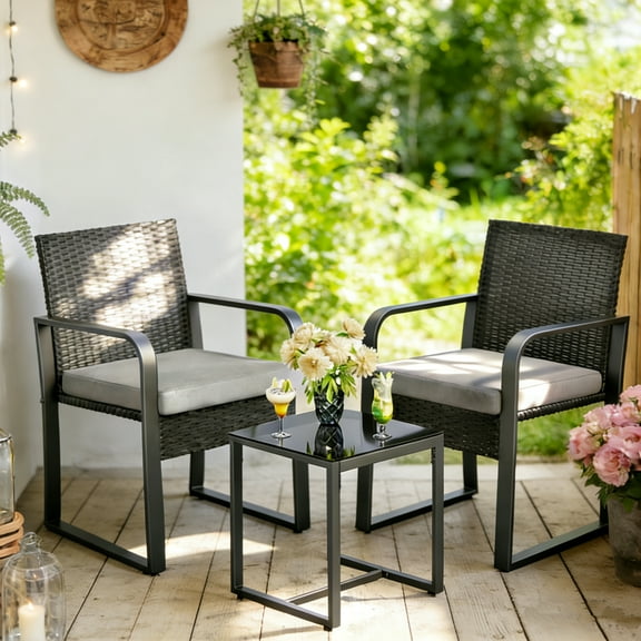 Small Patio Furniture Set, Lofka 3 Pieces Patio Set, All-weather Wicker Chairs and Glass Coffee Table with Grey Cushions, Gray
