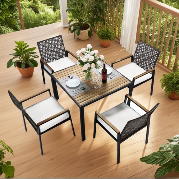 Outdoor Dining Set, 5-piece Outdoor Patio Furniture Table and Chairs Cushioned, Hollow Rattan Dining Table Set for 4, Bold Metal Frame, Acacia Woodtop, Umbrella Hole