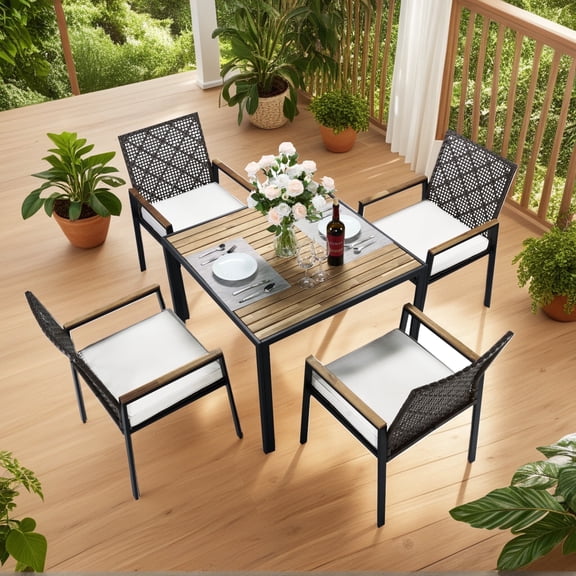Outdoor Dining Set, 5-piece Outdoor Patio Furniture Table and Chairs Cushioned, Hollow Rattan Dining Table Set for 4, Bold Metal Frame, Acacia Woodtop, Umbrella Hole