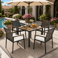 thumbnail image 1 of Outdoor Dining Set, 5-piece Outdoor Patio Furniture Table and Chairs Cushioned, Hollow Rattan Dining Table Set for 4, Bold Metal Frame, Acacia Woodtop, Umbrella Hole, 1 of 10