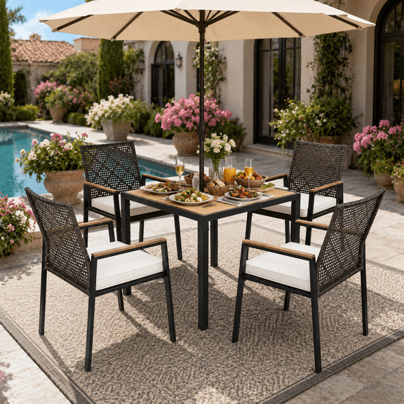 Outdoor Dining Set, 5-piece Outdoor Patio Furniture Table and Chairs Cushioned, Hollow Rattan Dining Table Set for 4, Bold Metal Frame, Acacia Woodtop, Umbrella Hole