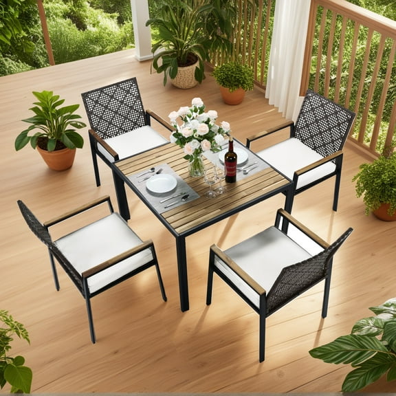 Outdoor Dining Set, 5-piece Outdoor Patio Furniture Table and Chairs Cushioned, Hollow Rattan Dining Table Set for 4, Bold Metal Frame, Acacia Woodtop, Umbrella Hole