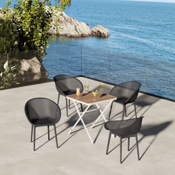 Patio Furniture Sets 2-Pack Warm Grey Modern Lounge Chairs – Indoor/Outdoor All-Weather PP Plastic with Modern folding indoor/outdoor multi-functional square table- PP tabletop with metal legs(White