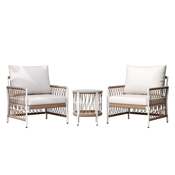 Patio Furniture Sets 3-Piece Bohemian Outdoor Furniture Set with 2 Lounge Chairs & Glass Top Side Table - Handwoven Rope & Powder-Coated Steel Frame - Waterproof Cushions Patio Conversation Set for G
